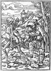 Symulakony śmierci Hansa Holbeina Młodszego (1497-1543): niewidomy. Śmierć chwyta za kij niewidomych i działa jak przewodnik. Rytownictwo.
