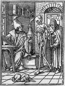 Symulakony śmierci Hansa Holbeina Młodszego (1497-1543): lekarz. Śmierć pojawia się między lekarzem a jego pacjentem. Rytownictwo.