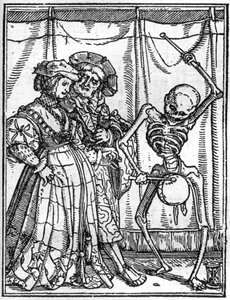 Symulakony śmierci Hansa Holbeina Młodszego (1497-1543): mężowie. Śmierć gra na bębnie przed parą. Rytownictwo.