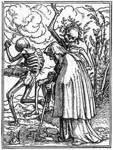 Symulakony śmierci Hansa Holbeina Młodszego (1497-1543): stary. Śmierć towarzyszy staruszce w jej przeznaczeniu. Rytownictwo.