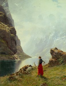 Dziewczyna z kozami nad fiordem (olej na płótnie)