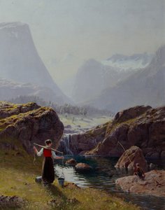 Dziewczyna z wiadrami wody i chłopiec łowiący wodę (olej na płótnie) autorstwa Hans Andreas Dahl