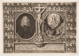 Gregers Friis do Ålstrup oraz Chrystus na krzyżu i zmartwychwstanie Chrystusa. Otoczony tarczami