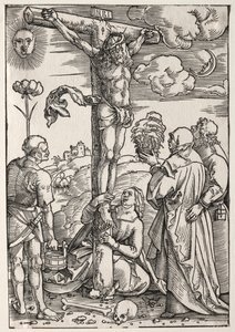 Chrystus na krzyżu z Maryją, św. Janem, Marią Magdaleną i św. Szczepanem, 1505 r. autorstwa Hans Baldung