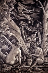 Szabat czarownic, rycina Hansa Baldunga Greena, niemieckiego malarza, rytownika i rysownika (1484-1545).