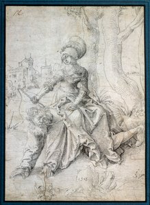 Kobieta dosiadająca mężczyzny: Phyllis siedząca na grzbiecie Arystotelesa, który chodzi na czworakach. Rysunek Grien Hans Baldung (1484-1545) Ec. Wszystko.