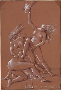 Noworoczne powitanie z trzema wiedźmami - grafika Hansa Baldunga (1484-1545) tuszem i białą kredą na papierze autorstwa Hans Baldung Grien