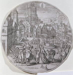 styczeń, ukazujący mieszczan obchodzących Dwunastą Noc na rynku w Bergen, z zestawu dwunastu „Miesiąców roku”, rytowanych przez Adriaena Collaerta (1560-1618) autorstwa Hans Bol