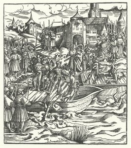 Egzekucja przywódców powstania przeciwko rządom arcyksięcia Maksymiliana austriackiego w Gandawie, 1484 autorstwa Hans Burgkmair