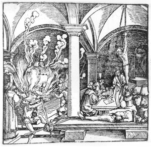 Przesłuchanie, ilustracja z książki Cycerona Teutscha, Augsbourg, 1533 autorstwa Hans Burgkmair