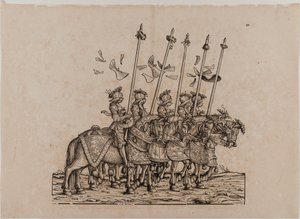 Triumf cesarza Maksymiliana I: Pięćdziesiąta pierwsza plansza, uczestnicy Rennen (joust lub lekki wyścig) autorstwa Hans Burgkmair