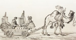 Organista Paul Hofhaimer grający w powozie ciągniętym przez wielbłąda z „El Mundo Ilustrado”, wydanego w Barcelonie, 1880 r. autorstwa Hans Burgkmair