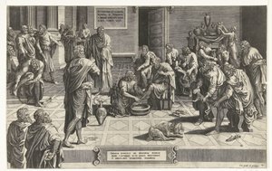 Chrystus wasst de voeten van de discipelen Pan wszystkich pada na kolana, aby umyć nogi swoim sługom, przykład szczególnej pokory (tytuł na przedmiocie) autorstwa Hans Collaert (I) (attributed to)