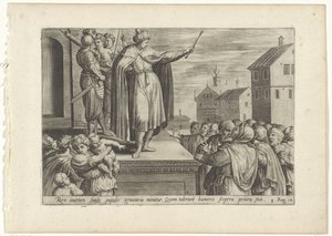Rechabeam antwoordt het volk Geschiedenis van Jeroboam en Rechabeam (tytuł serii) Skarbnica świętych historii Starego Testamentu (...) (tytuł serii) autorstwa Hans Collaert (I) (attributed to)