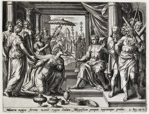 Salomo ontangt de koningin van Seba Geschiedenis van Salomo (tytuł serii) Historia króla Salomona (...) (tytuł serii) Skarb świętej historii starego testamentu, wybrany najdoskonalszymi obrazami wyrażonymi w tej sztuce autorstwa Hans Collaert (I) (attributed to)