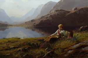 Dziewczyna na drutach nad górskim jeziorem (olej na płótnie) autorstwa Hans Dahl