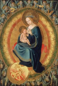 Maryja karmiąca piersią dziecko w anielskiej chwale. 1500-10