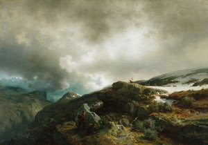 Wysokogórski krajobraz z łowcami reniferów (obraz) autorstwa Hans Gude