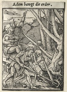 Taniec Śmierci: Adam Uprawia ziemię. autorstwa Hans Holbein
