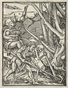 Taniec śmierci: Wypędzenie z raju; Adam uprawia ziemię autorstwa Hans Holbein