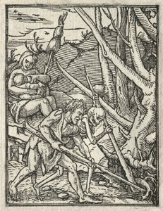 Taniec śmierci: Wypędzenie z raju, Adam kultywujący ziemię. autorstwa Hans Holbein