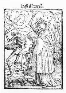 Śmierć i stara kobieta, z „Tańca śmierci”, sztychowany przez Hansa Lutzelburgera, ok. 1538 (drzewryt) (fot. bw) autorstwa Hans Holbein der Jüngere