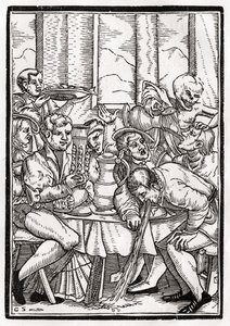 Śmierć przychodzi po pijaka, rytowany przez Georga Scharffenberga, z „Der Todten Tanz”, opublikowanej w Bazylei, 1843 autorstwa Hans Holbein der Jüngere