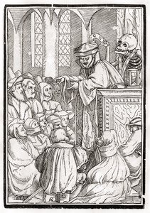 Śmierć przychodzi po Kaznodzieję, rytowany przez Georga Scharffenberga, z „Der Todten Tanz”, wyd. Bazylea, 1843 autorstwa Hans Holbein der Jüngere
