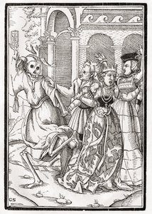 Śmierć nadchodzi dla królowej, rytowany przez Georga Scharffenberga, z „Der Todten Tanz”, wydanego w Bazylei, 1843 autorstwa Hans Holbein der Jüngere