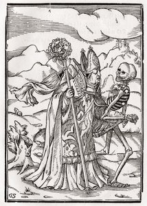 Śmierć przychodzi do biskupa, rytowany przez Georga Scharffenberga, z „Der Todten Tanz”, opublikowanej Bazylea, 1843 autorstwa Hans Holbein der Jüngere