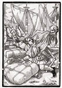 Śmierć przychodzi do kupca, rytowany przez Georga Scharffenberga, z „Der Todten Tanz”, wyd. Bazylea, 1843 autorstwa Hans Holbein der Jüngere