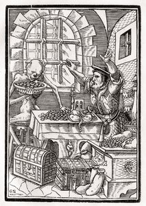 Śmierć przychodzi do skąpca lub lichwiarza, rytowany przez Georga Scharffenberga, z „Der Todten Tanz”, wyd. Bazylea, 1843 autorstwa Hans Holbein der Jüngere