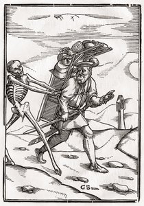 Śmierć przychodzi do Pedlara, rytowany przez Georga Scharffenberga, z „Der Todten Tanz”, opublikowanej w Bazylei, 1843 autorstwa Hans Holbein der Jüngere