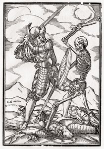 Śmierć przychodzi do Żołnierza, rytowany przez Georga Scharffenberga, z „Der Todten Tanz”, wyd. Bazylea, 1843 autorstwa Hans Holbein der Jüngere