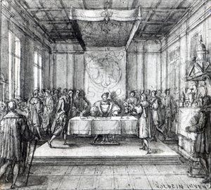 Henryk VIII w swojej komnacie prywatnej (pióro, tusz i wash na papierze) autorstwa Hans Holbein der Jüngere