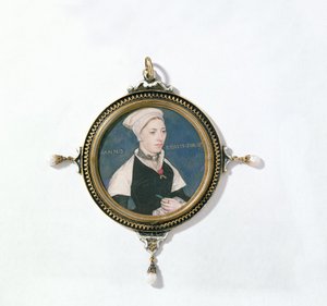 Jane Small, dawniej znana jako Mrs. Robert Pemberton, ok. 1540 (toaleta na welinie zamontowana na karcie do gry) (detal z 14732) autorstwa Hans Holbein der Jüngere