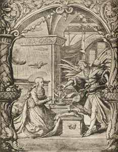 Zwiastowanie, z „Katalogu zbioru rycin, sztychów i drzeworytów” Richarda Fishera, opublikowanego w 1879 r. (lito) autorstwa Hans Holbein der Jüngere