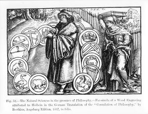 The Natural Sciences in the Presence of Philosophy, z niemieckiego wydania "Consolation of Philosophy" Boethiusa z 1537 r., ilustracja z "Science and Literature in the Middle Ages and Renais". autorstwa Hans Holbein der Jüngere
