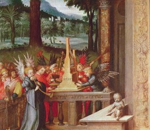 Dziewica, Dzieciątko i święci detal aniołów grających na organach, 1519 olej na dębie