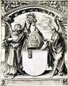 Projekt do malowania na szkle, ok. 1520 (pióro i szare lawowanie czarną kredą na papierze) autorstwa Hans Holbein der Jüngere