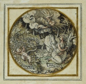 Hagar i Izmael - Projekt wisiorka lub odznaki na kapelusz, ok. 1532-43 (pióro i atrament na papierze) autorstwa Hans Holbein der Jüngere