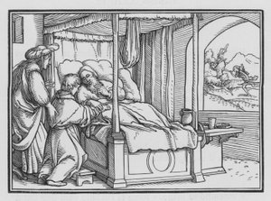 Jakub oszukuje swego Ojca i uzyskuje błogosławieństwo, Księga Rodzaju XXVII, 21 autorstwa Hans Holbein der Jüngere