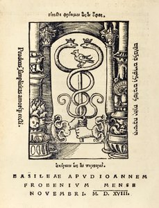 Sygnatura drukarska Johanna Frobensa (ok. 1460-1527) przedstawiająca dwie ręce trzymające kaduceusza z trzeciego wydania „Utopii” Sir Thomasa More