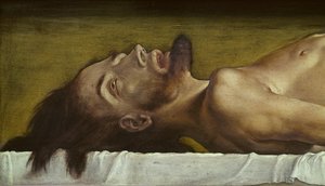 Ciało zmarłego Chrystusa, detal głowy, 1521 tempera na drewnie lipowym
