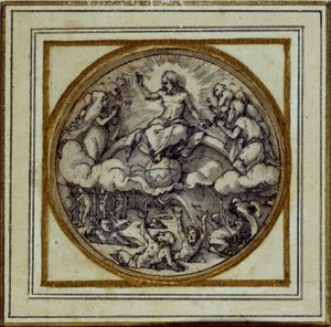 Sąd Ostateczny - projekt odznaki wisiorka lub kapelusza, ok. 1532-43 (pióro i atrament na papierze) autorstwa Hans Holbein der Jüngere