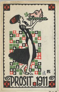 Karta noworoczna: Cheers 1911 Prosit, 1910. autorstwa Hans Kalmsteiner
