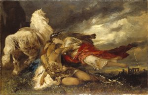 Valkyrie et un heros mourant - Walkiria i umierający bohater, autorstwa Makarta Hansa (1840-1884). Olej na płótnie. Wymiar : 130x200 cm. Muzeum Narodowe w Sztokholmie autorstwa Hans Makart