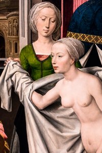 Batszeba w kąpieli, ok. 1485 (tempera i olej na drewnie (dąb)) autorstwa Hans Memling