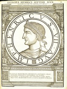 Henricus VII, ilustracja z "Imperatorum romanorum omnium orientalium et occidentalium verissimae imagines ex antiquis numismatis", drzeworyt Rudolpha Wyssenbacha, wydrukowany przez Andreasa Gesnera, Zurych. autorstwa Hans Rudolf Manuel Deutsch