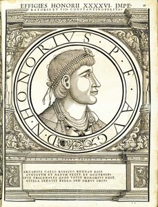 Honorius, ilustracja z „Cesarzy rzymskich całego Wschodu i Zachodu”, drzeworyt Rudolpha Wyssenbacha, druk Andreas Gesner, Zurych, 15. autorstwa Hans Rudolf Manuel Deutsch